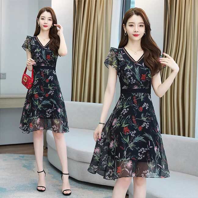 Black Printed Floral Chiffon Dress Female Summer 2022 New Knee ...