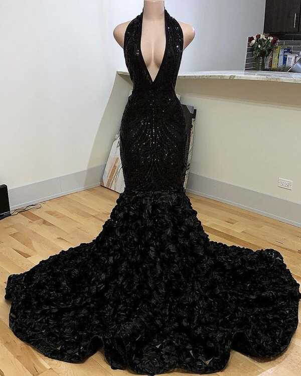 Black Prom Dress 2023 Mermaid/Trumpet Halter Neck Sequin Rosette ...