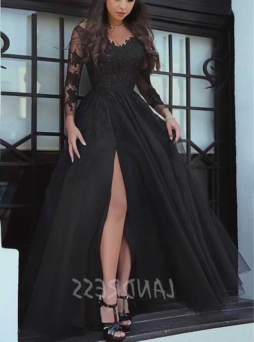 Black Prom Dress with Sleeves,Tulle Evening Dress with Slit ...