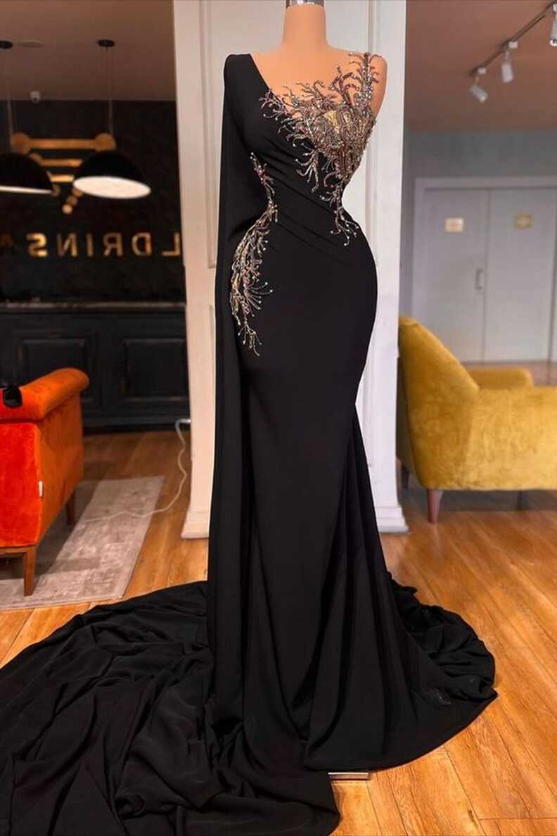 Black Prom Dresses, Beaded Evening Dresses, Long Sleeve Prom ...