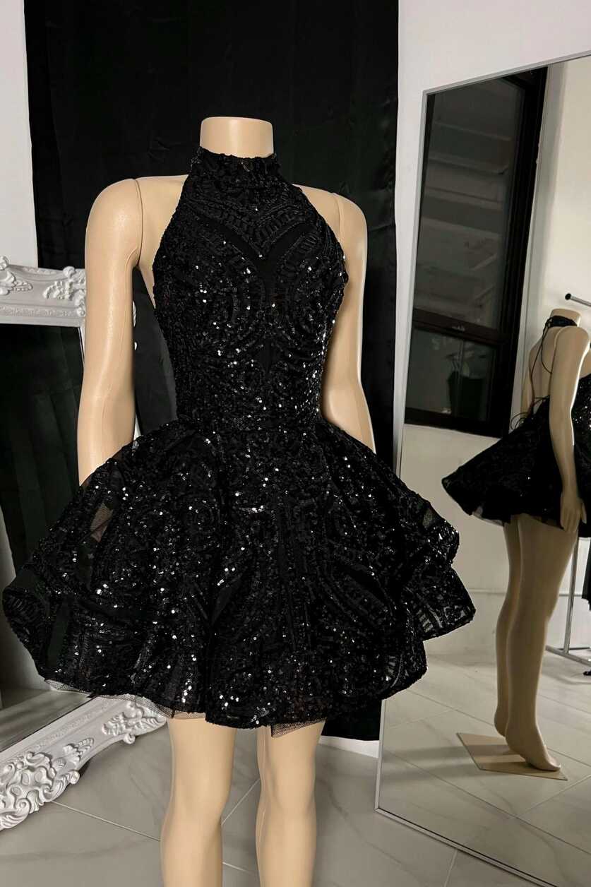 Black Prom Dresses Short Lace Applique Sparkly Birthday Party ...