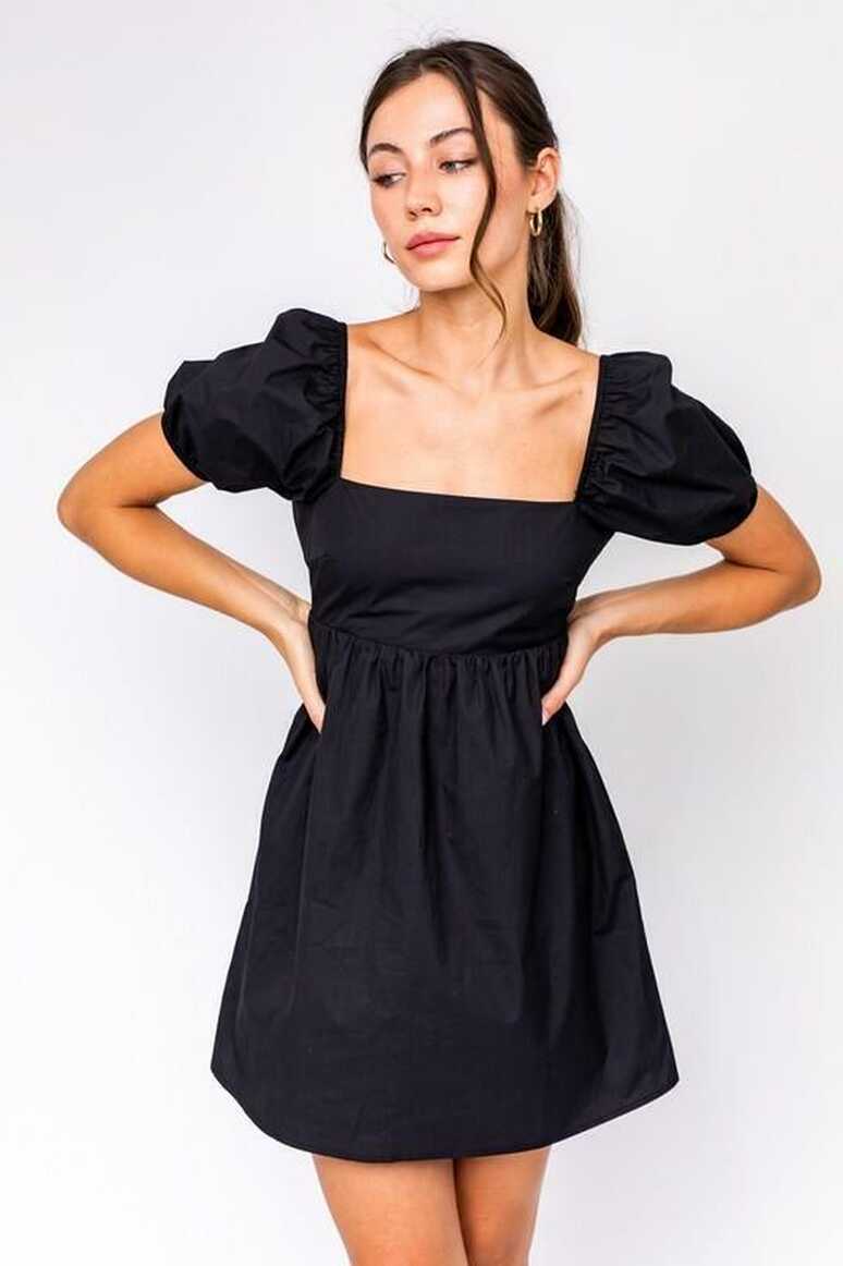 Black Puff Sleeve Dress - Square Neck Babydoll Dress | Boho Pink