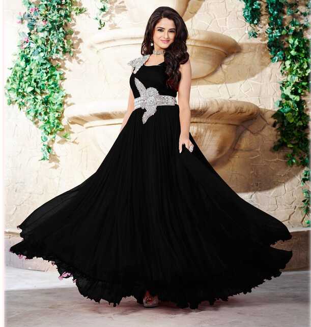 Black Pure Satin Party Wear Gown 58104