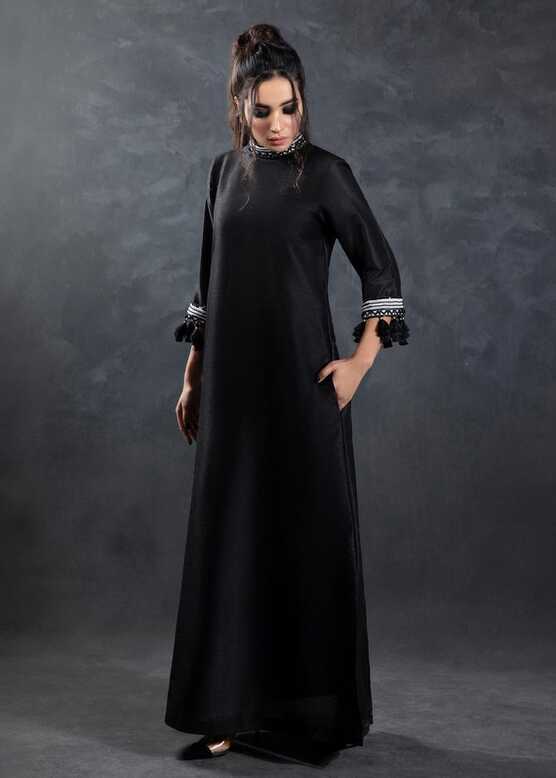 Black Raw Silk Embellished Long Long Dress, Floor Length Formal ...