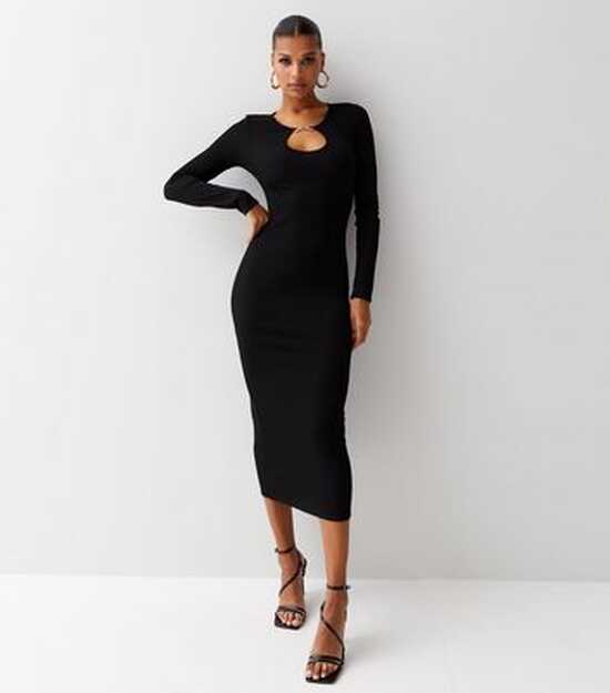 Black Ribbed Jersey Long Sleeve Chain Trim Midi Bodycon Dress ...