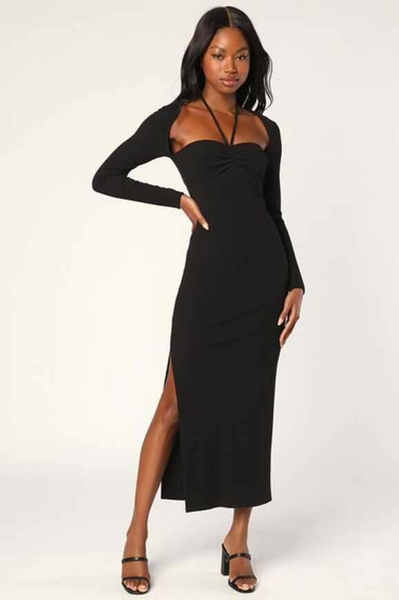 Black Ribbed Knit Dress - Long Sleeve Halter Dress - Midi Dress ...