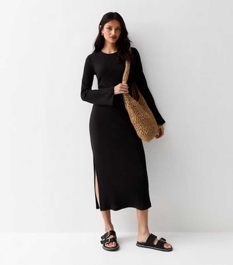 Black Ribbed Knit Long Sleeve Split Hem Midi Dress | New Look