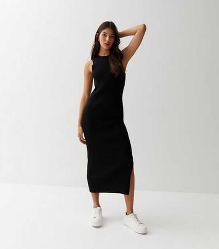 Black Ribbed Knit Sleeveless Midi Dress | New Look