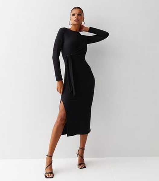 Black Ribbed Knit Tie Front Long Sleeve Midi Dress | New Look