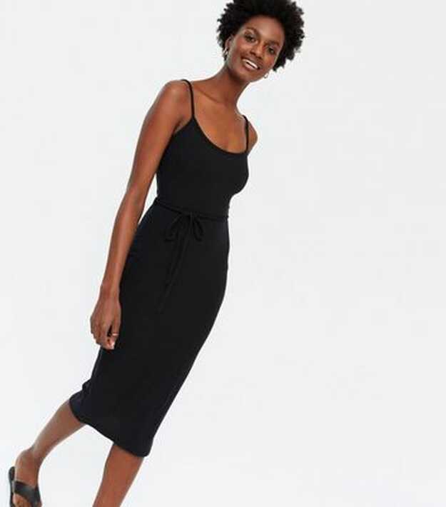 Black Ribbed Tie Waist Strappy Midi Dress | New Look