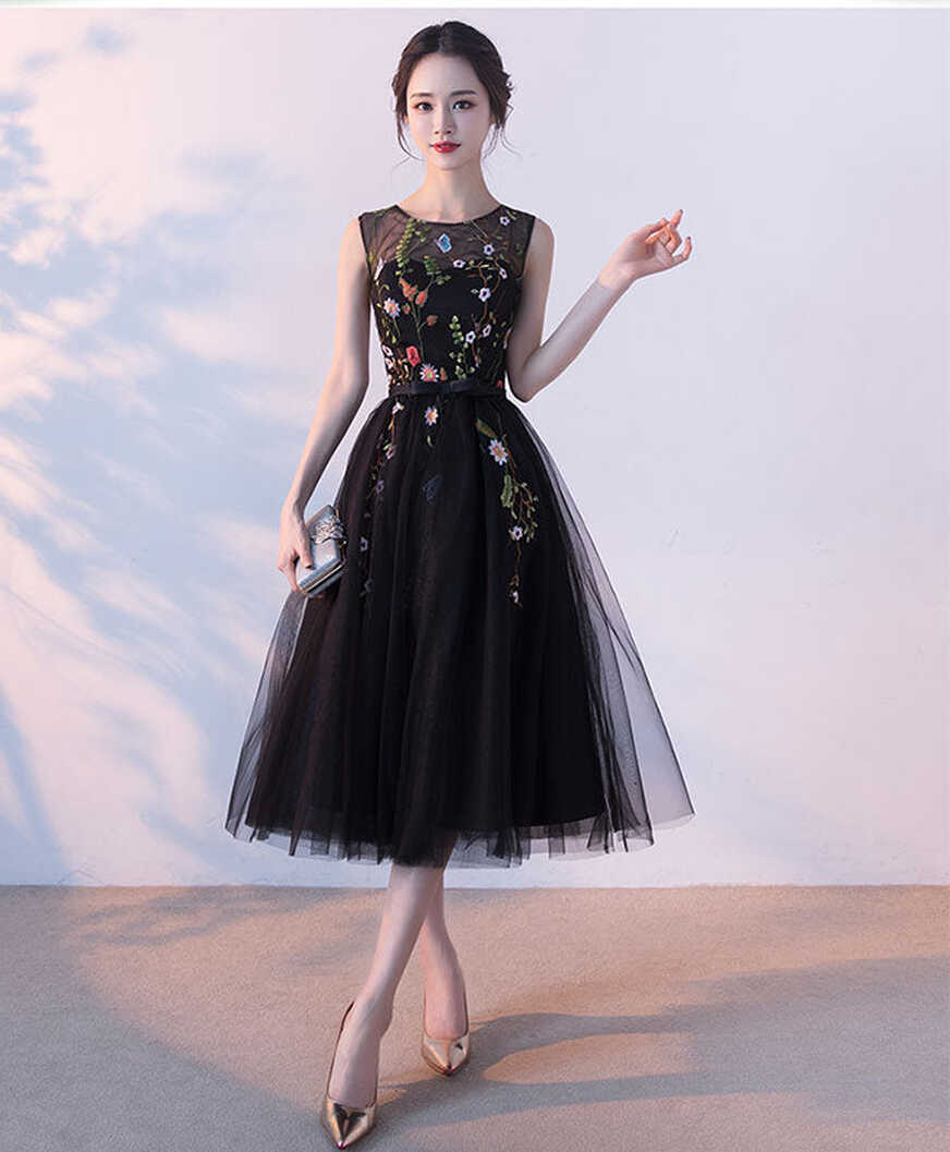 Black Round Neck Lace Tulle Short Prom Dress, Black Evening Dress ...