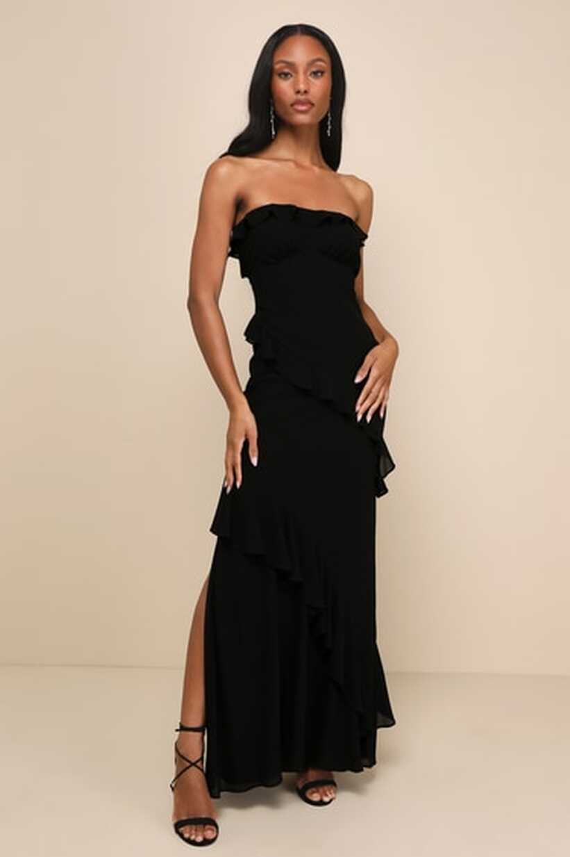 Black Ruffled Dress - Cutout Strapless Dress - Maxi Dress - Lulus