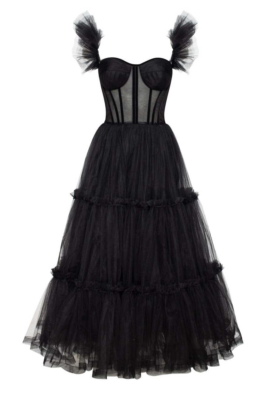 Black Ruffled Tulle Midi Dress ➤➤ Milla Dresses - USA, Worldwide ...