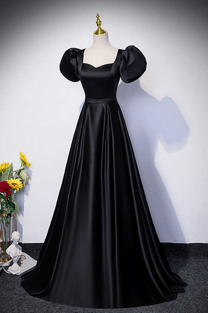 Black Satin Floor Length Prom Dress, Simple Black Short Sleeve Evening