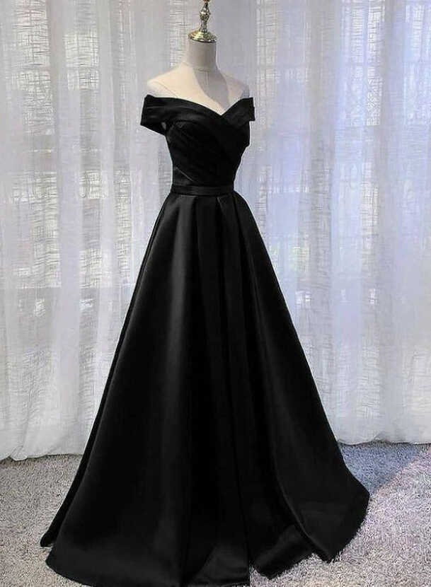 Black Satin Off Shoulder Long Simple Evening Dress Party – jkprom