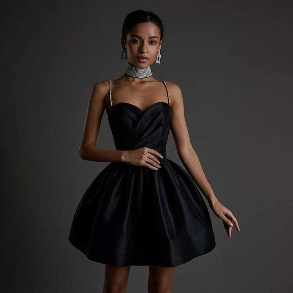 Black Satin Pleated Prom Dress - Splashwear