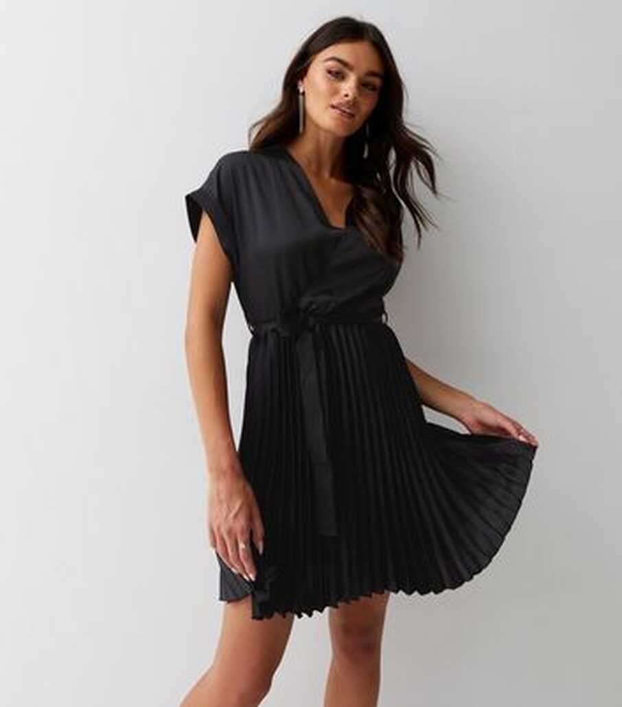 Black Satin Pleated Short Sleeve Mini Wrap Dress | New Look