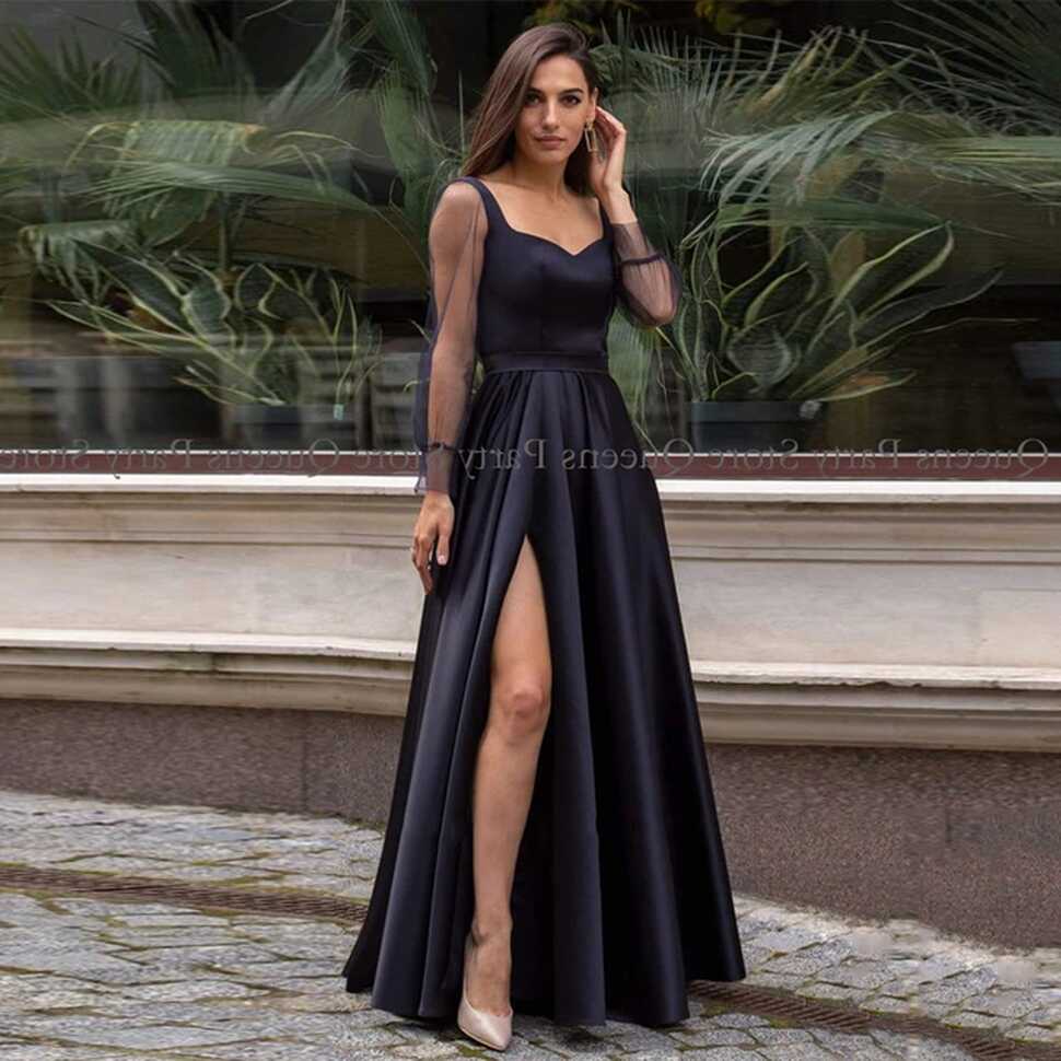 Black Satin Prom Dress Illusion Long Sleeve Sweetheart Simple ...