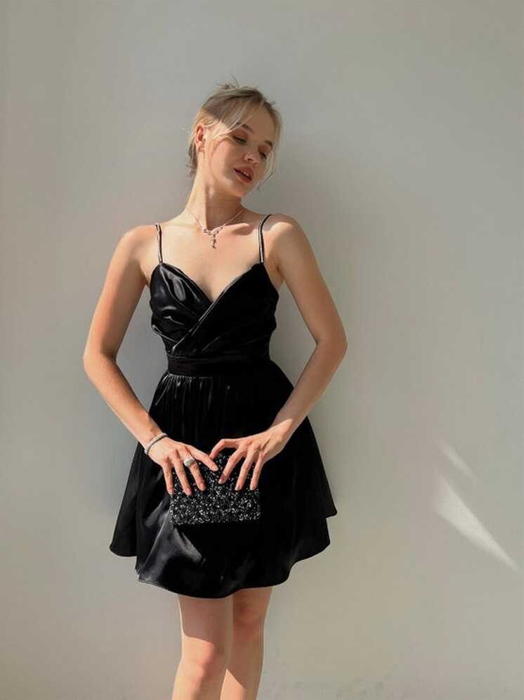 Black Satin Short Homecoming Dress, Cocktail Semi Formal Dress ...