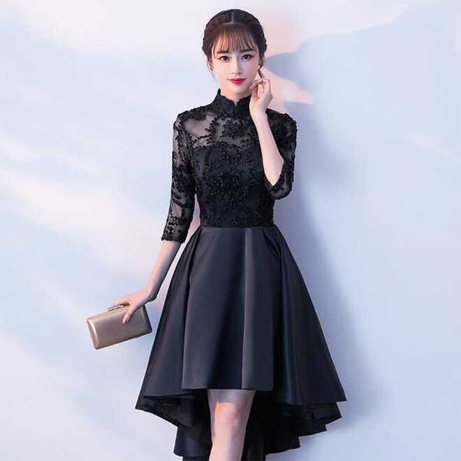 Black Satin and Lace High Neckline Cute Party Dresses, Black ...