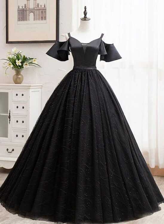 Black Satin and Tulle Ball Gown Off Shoulder Evening Dress Party ...