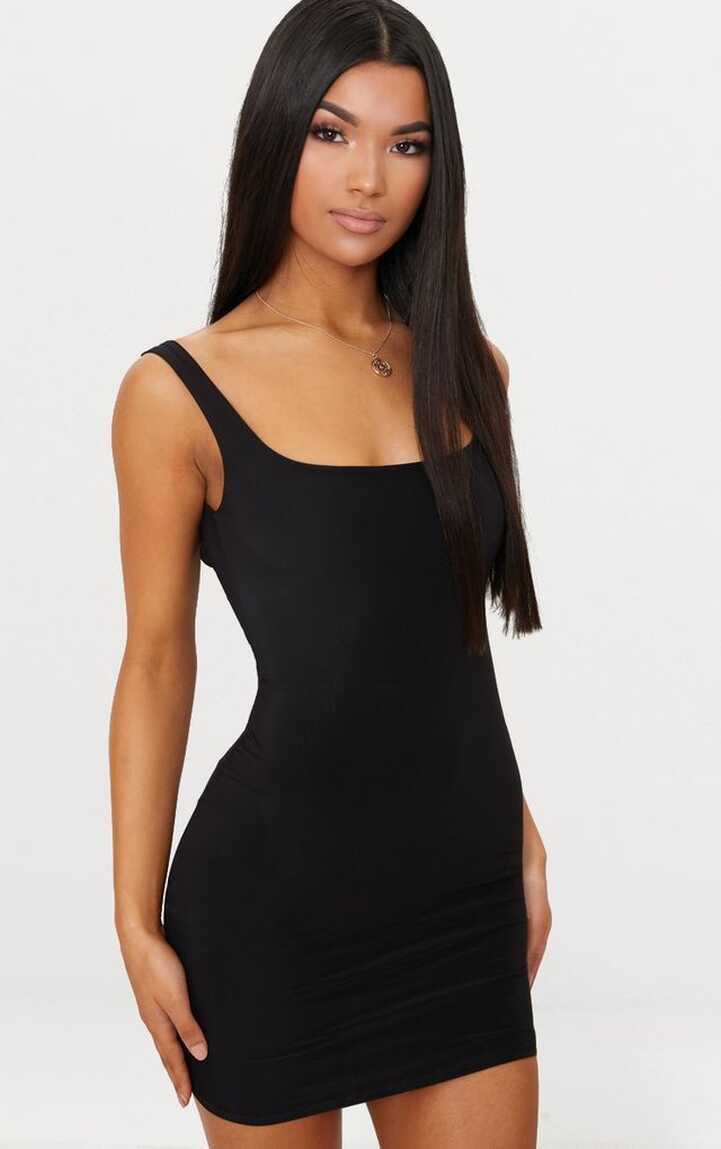 Black Second Skin Slinky Scoop Neck Bodycon Dress | Neck bodycon ...