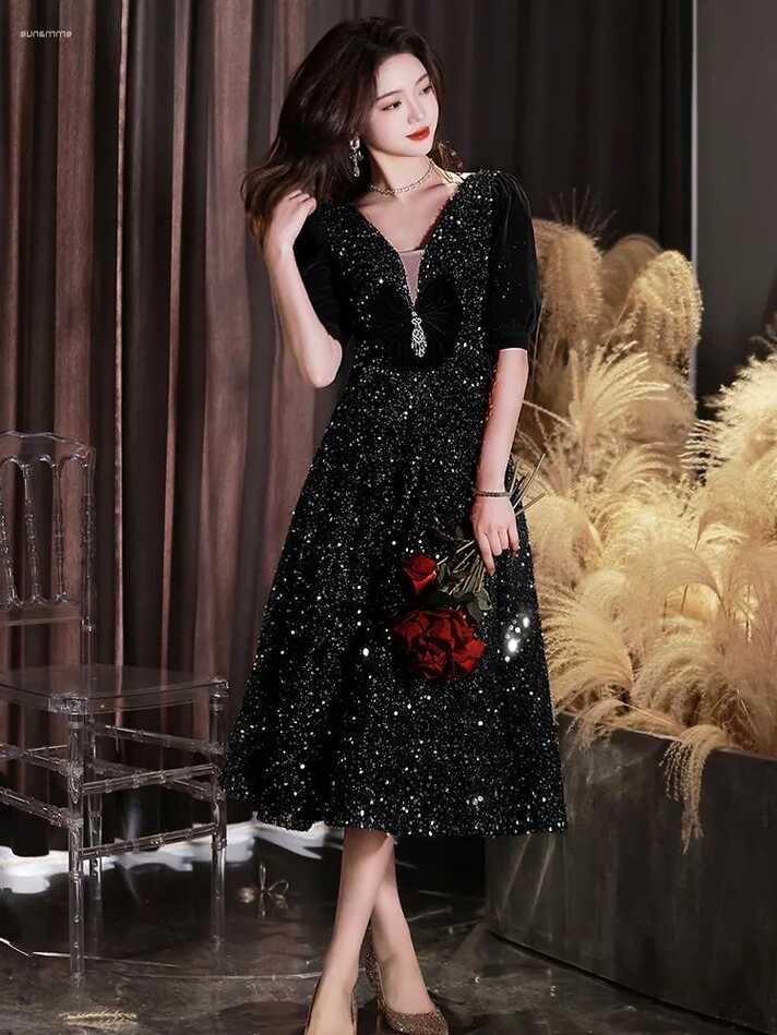 Black Sequin Black Glitter Cocktail Dress Elegant V Neck A Line ...