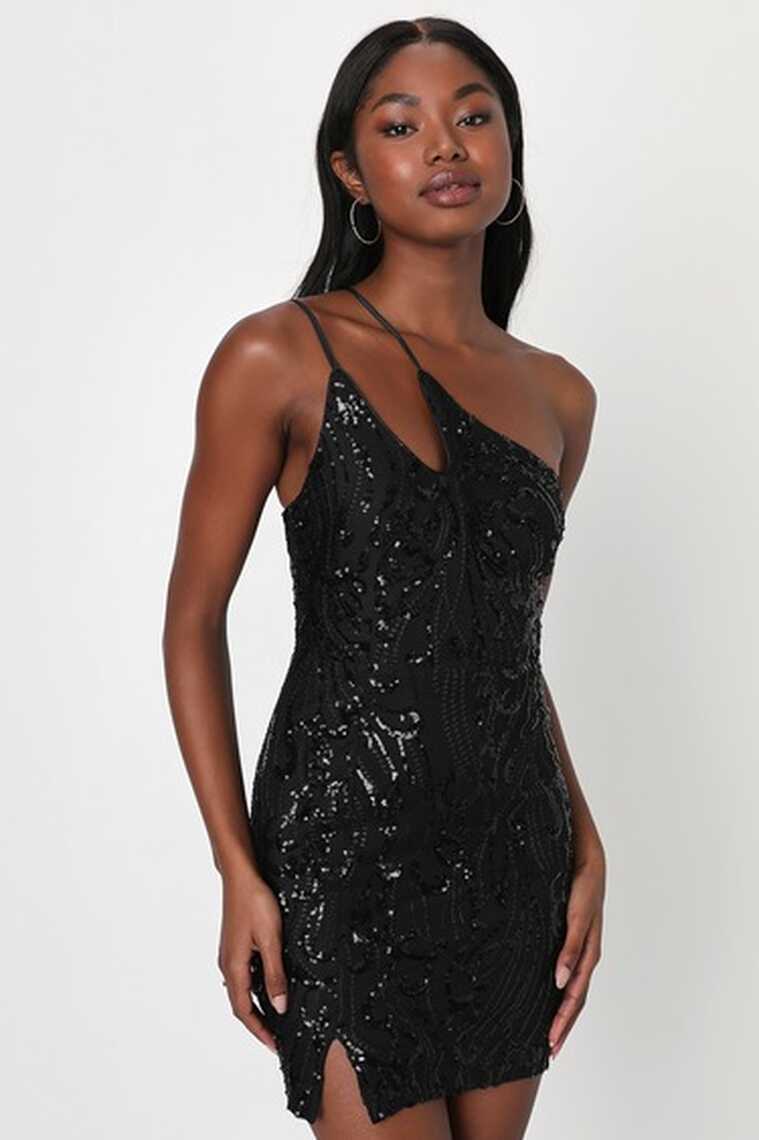 Black Sequin Dress - Mini Bodycon Dress - One-Shoulder Dress - Lulus