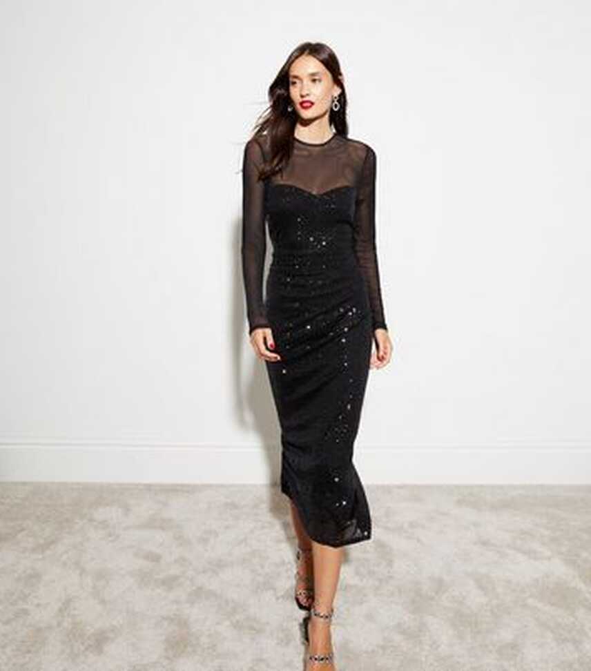 Black Sequin Long Sleeve Midi Dress | New Look