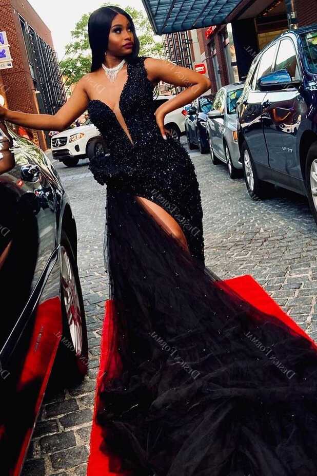 Black Sequin One Shoulder Slit Tulle Crafted Prom Dress