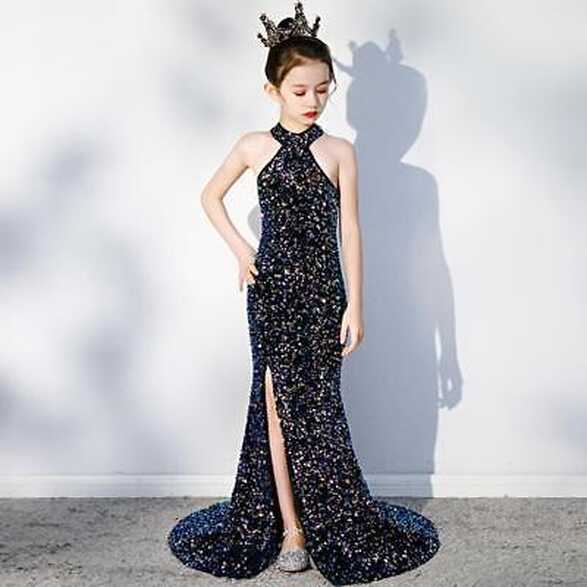 Black Sequined Slim Mermaid Sweep Train Long Maxi Ball Gown Dress ...