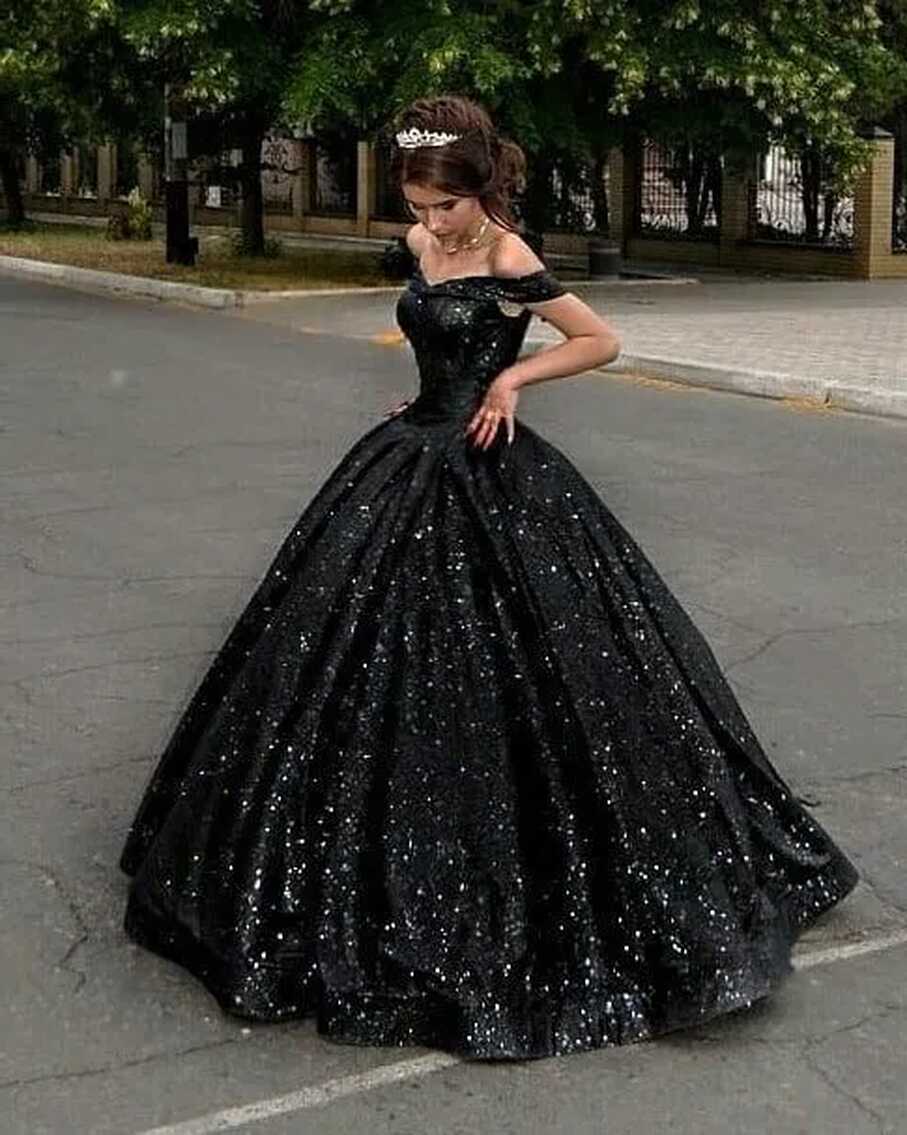 Black Sequins Ball Gown Princess Gothic Black Gown For Wedding Off ...