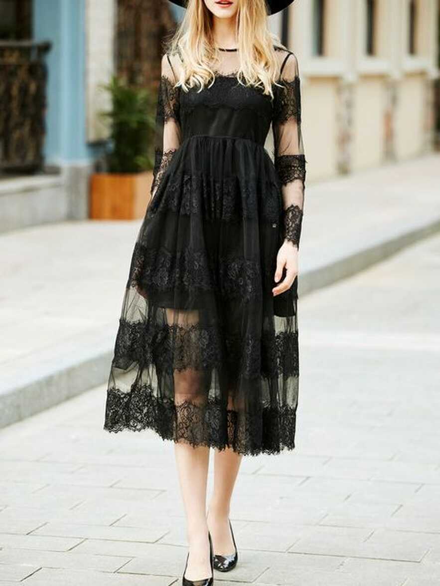 Black Sheer Gauze Lace Long Dress