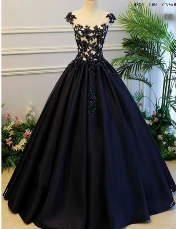 Black Sheer Round Neck Lace Appliqués Satin Princess Ball Gown ...