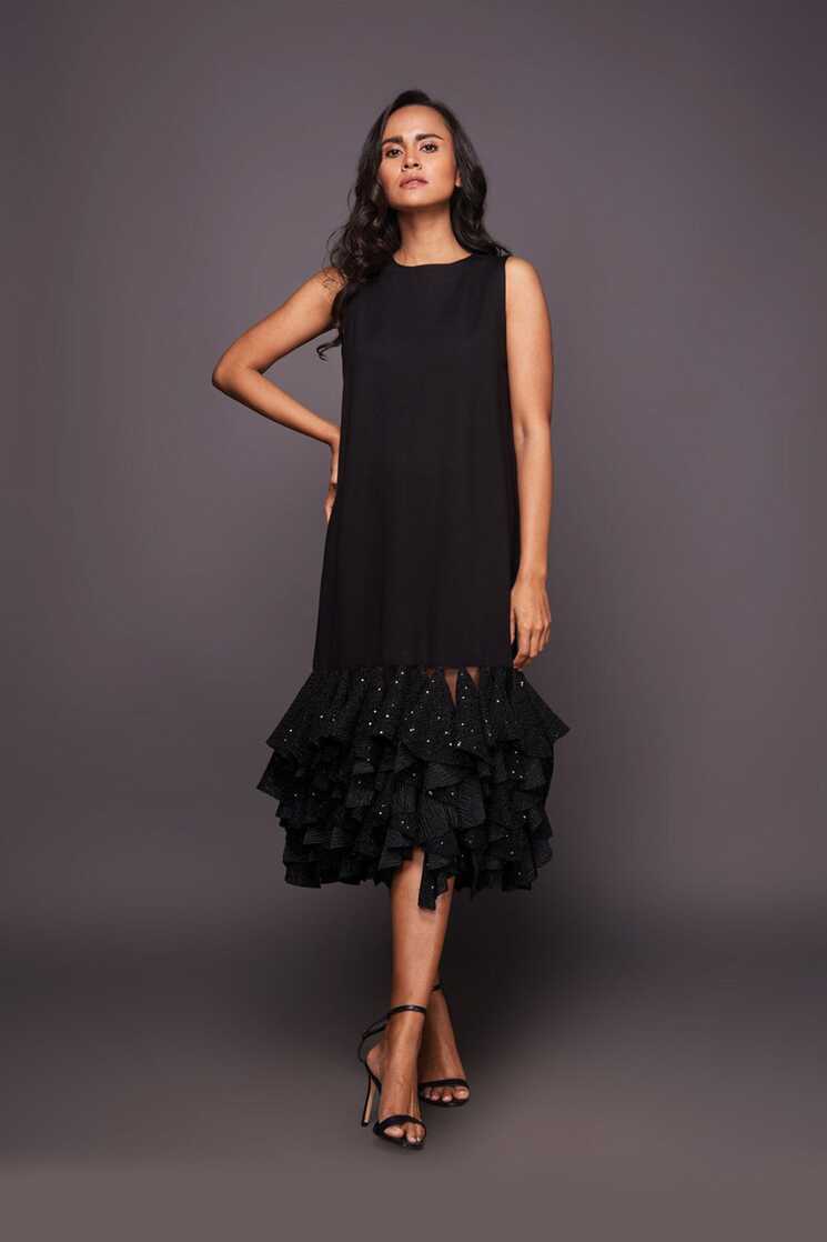 Black Shift Dress With Sequin Ruffled Bottom – Deepika Arora