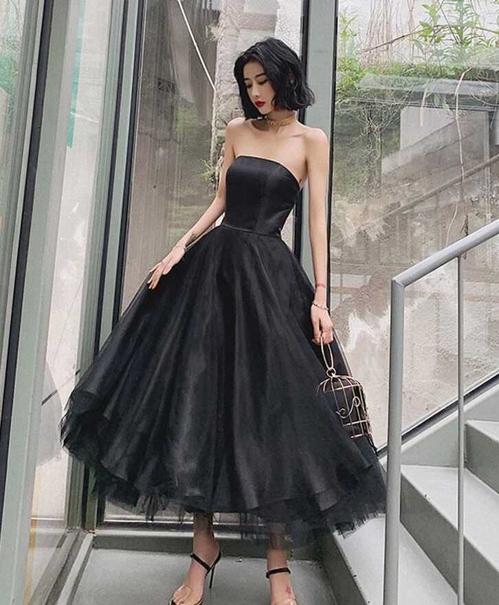 Black Short Scoop Tea Length Evening Dress Party Dress, Black ...