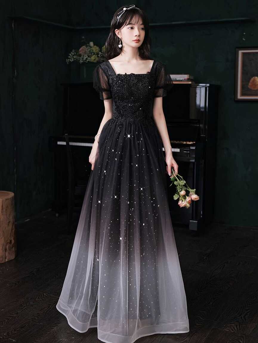 Black Short Sleeves Tulle With Lace Gradient Long Formal Dresses ...