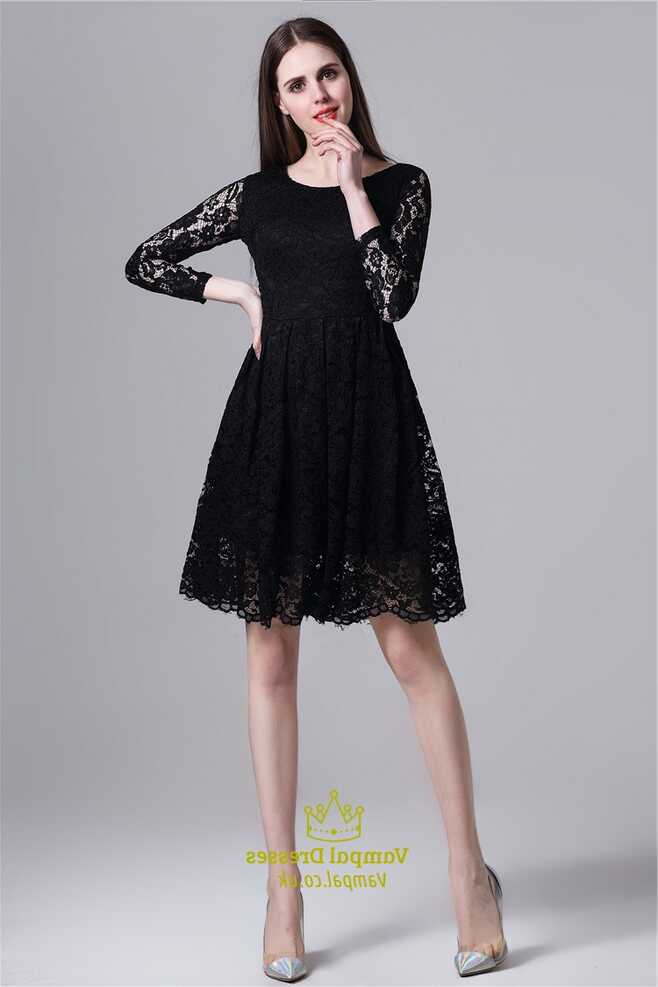 Black Simple Long Sleeve Knee Length A-Line Lace Overlay ...