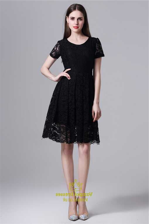 Black Simple Short Sleeve A-Line Knee Length Lace Overlay ...