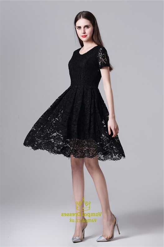 Black Simple Short Sleeve A-Line Knee Length Lace Overlay Casual Dress