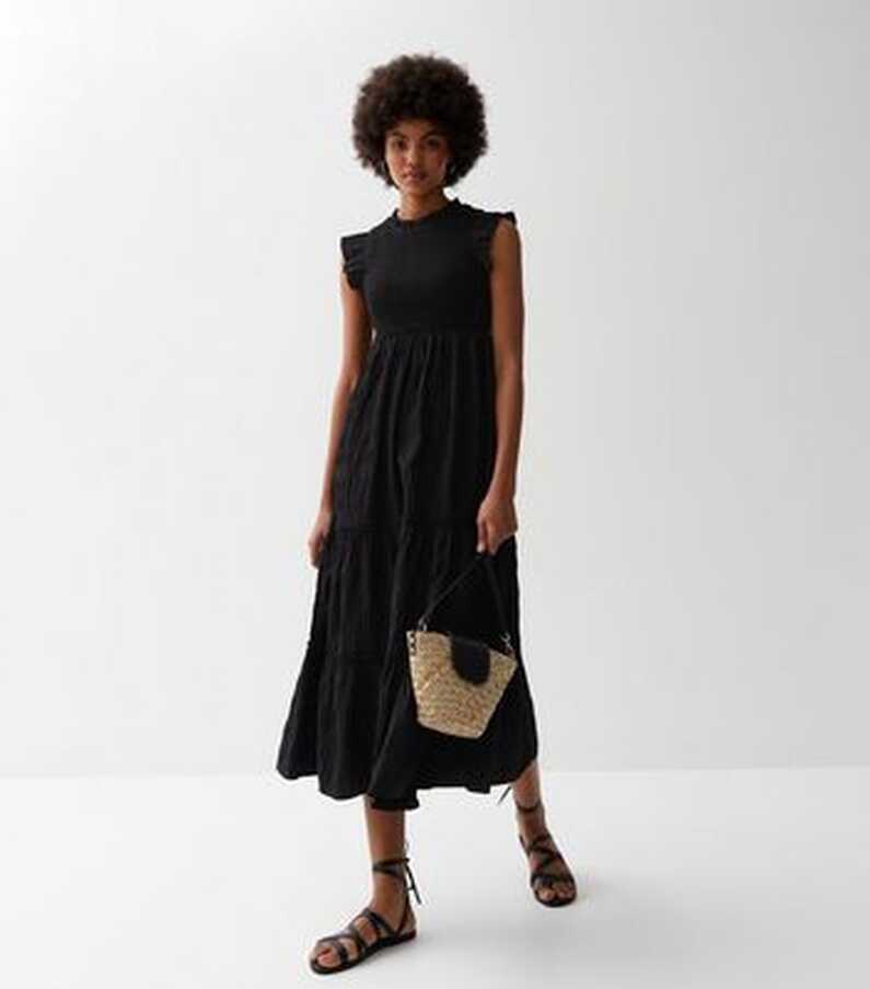 Black Sleeveless Frill Tiered Midi Dress | New Look