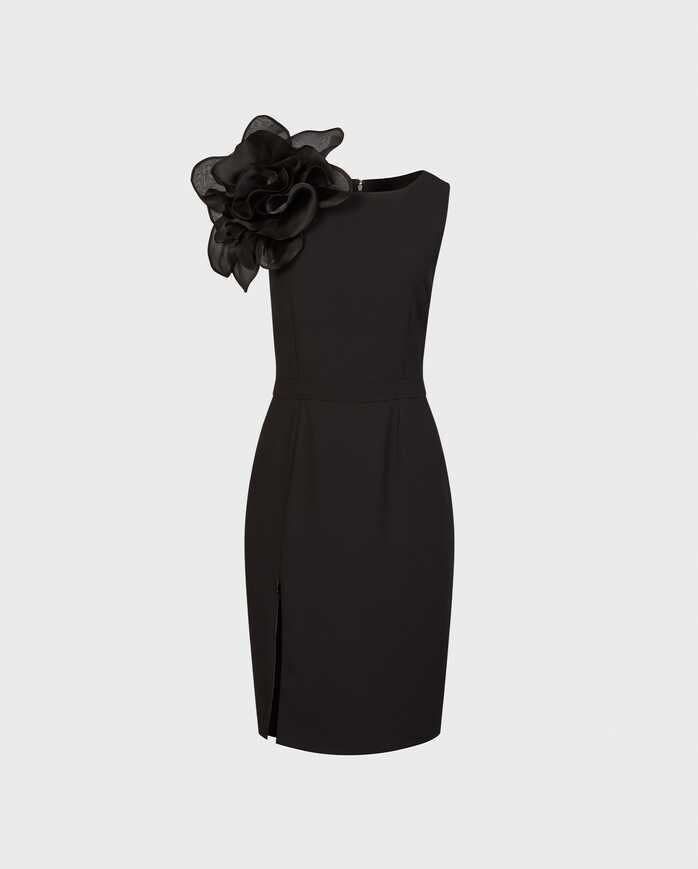 Black Sleeveless Knee-Length Dress With Statement Silk Flower ...