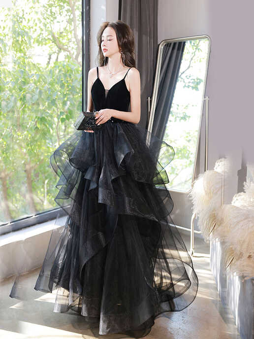 Black Spaghetti Strap Ruffle Skirt Tiered Prom Dress