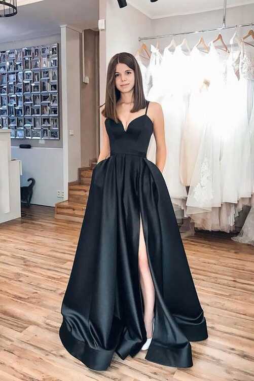 Black Spaghetti Strap Simple Satin Long Prom Dress Evening Dress ...