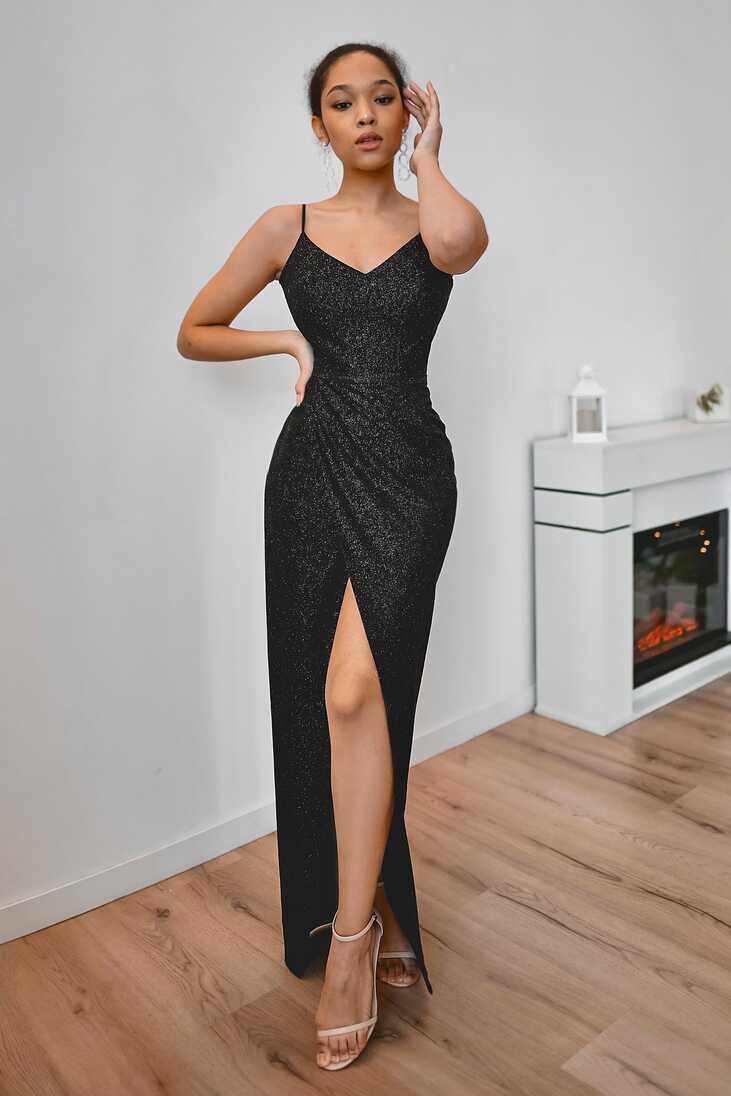 Black Sparkly Evening Dress Leona with Front Slit – Olivia Bottega