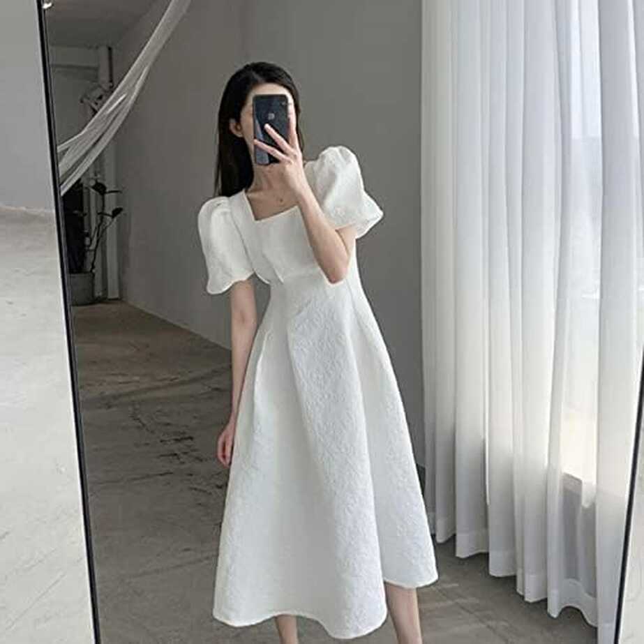 Black Summer Dress Elegant Fashion Square Neck Puff Sleeve Korean ...