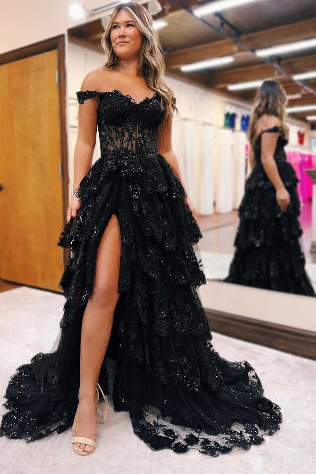 Black Tulle Appliques Off-the-Shoulder Ruffle Long Prom Dress ...