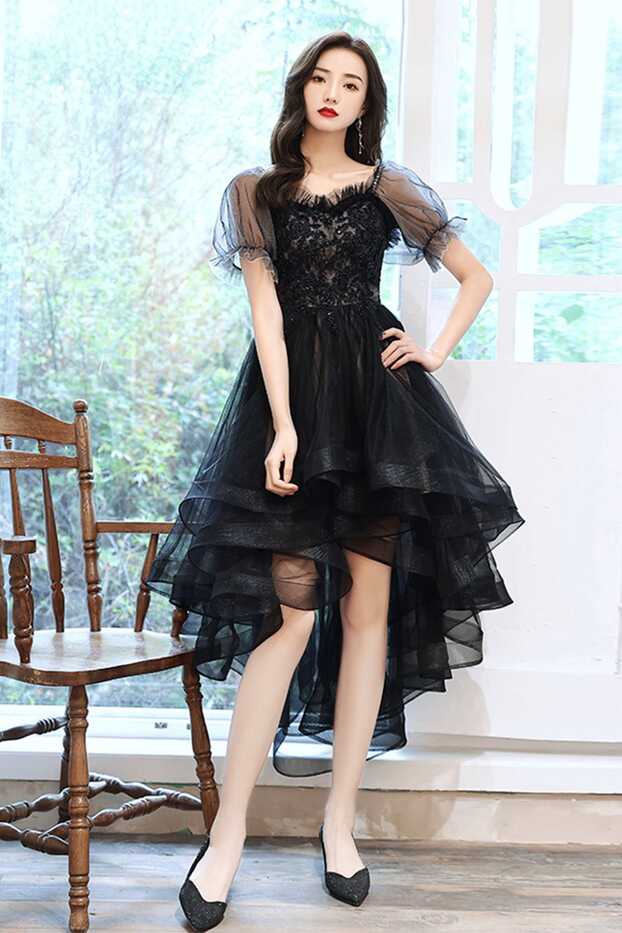 Black Tulle Lace High-Low Party Dress, Cute Short Sleeve Homecoming Dr