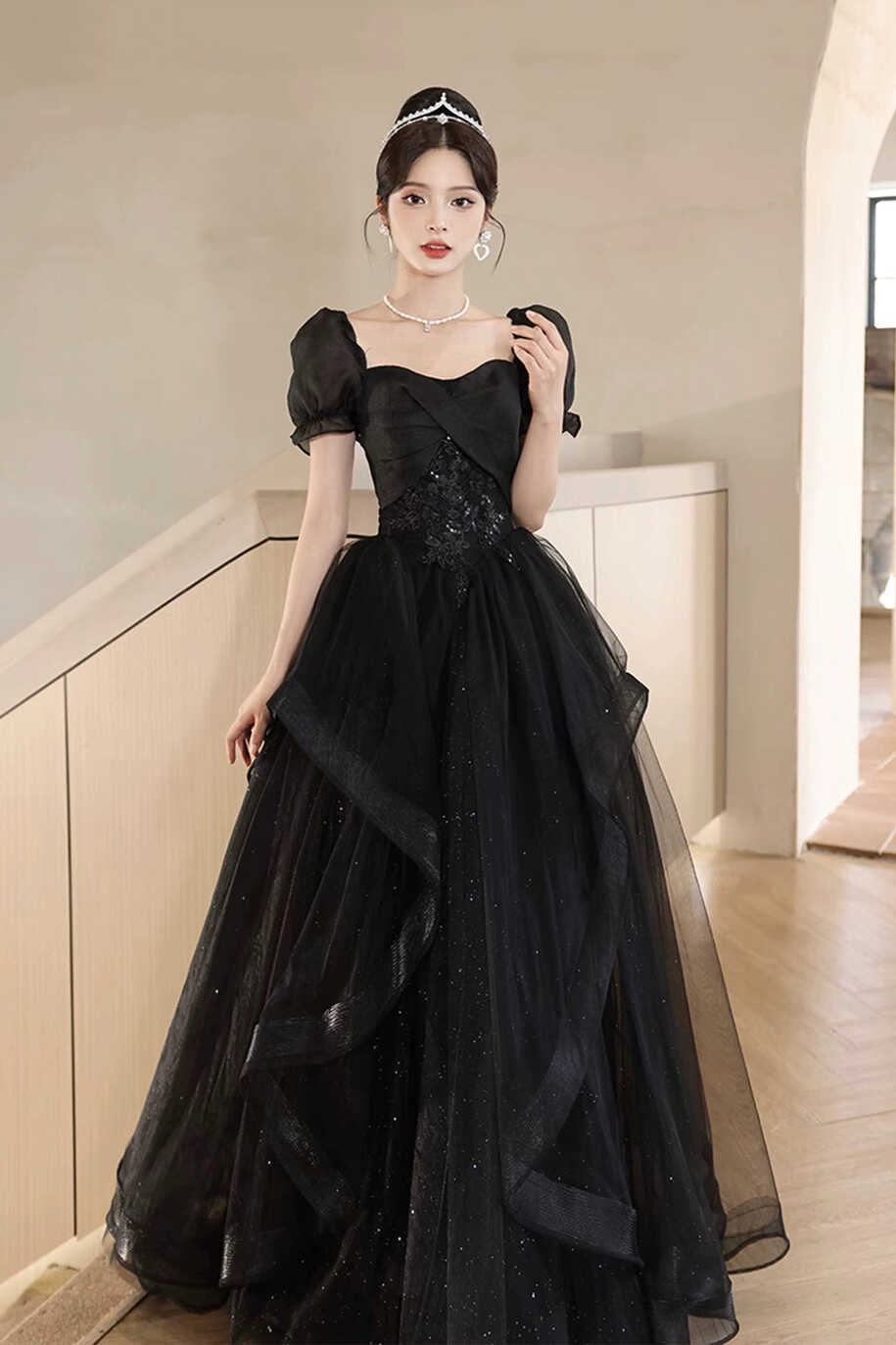 Black Tulle Lace Short Sleeve Floor Length Prom Dress, Black A-Line Ev