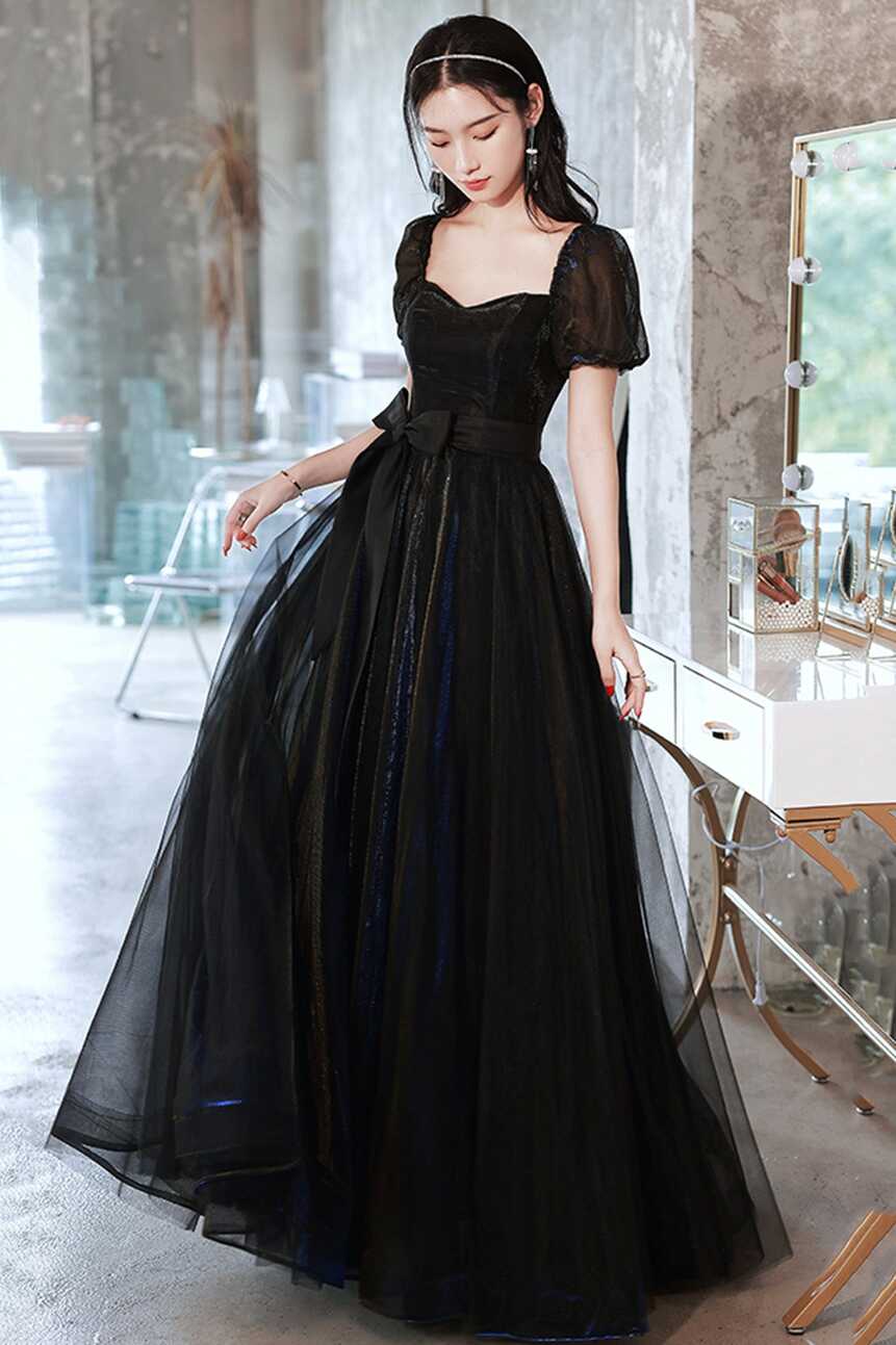 Black Tulle Long Prom Dress, Black Short Sleeve Graduation Dress